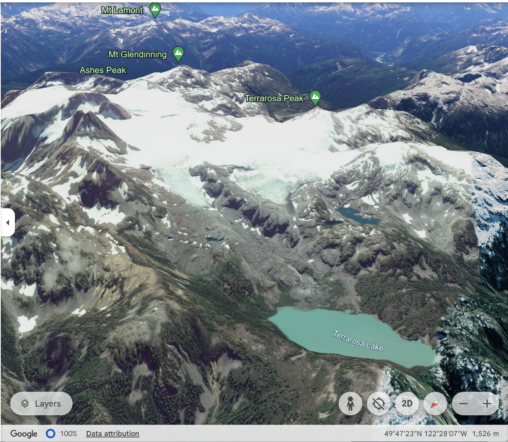 Oblique 3 Dimensional Image of Terrarossa Lake Glacier